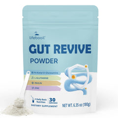 Lifebooil Leaky Gut Powder bottle front, promoting daily gut support