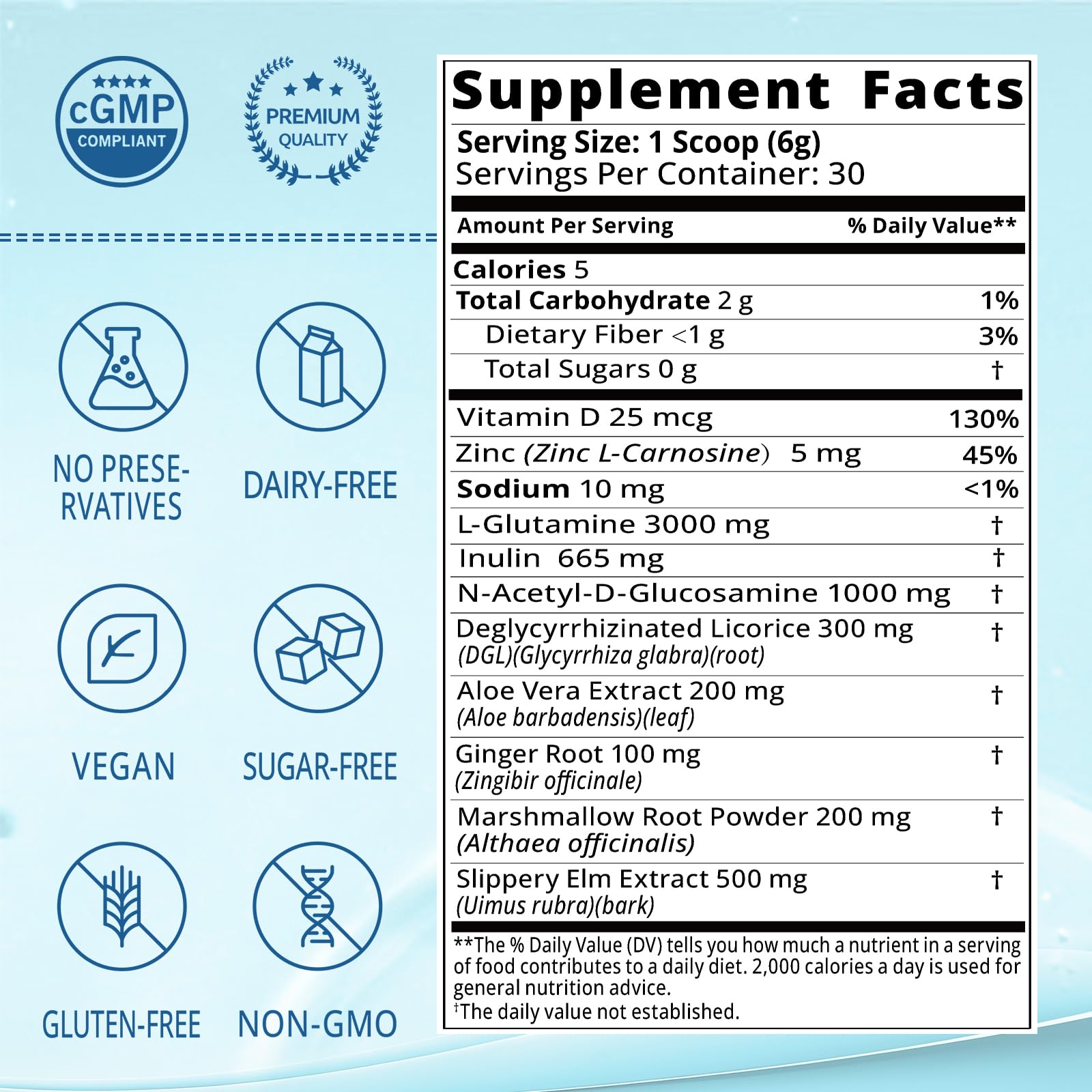 Lifebooil Leaky Gut Powder ingredients, featuring glutamine and prebiotic blend