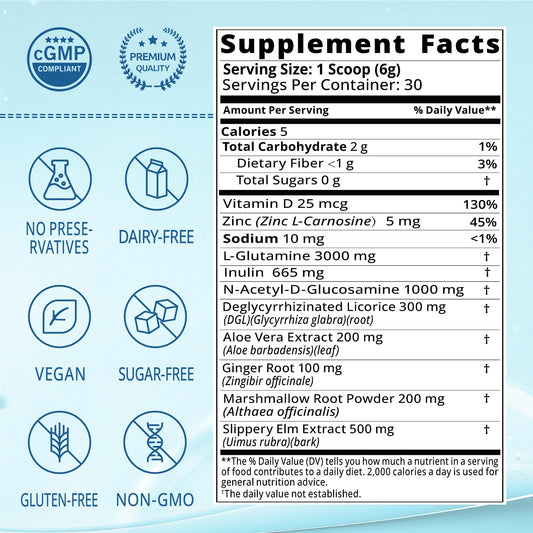Lifebooil Leaky Gut Powder ingredients, featuring glutamine and prebiotic blend