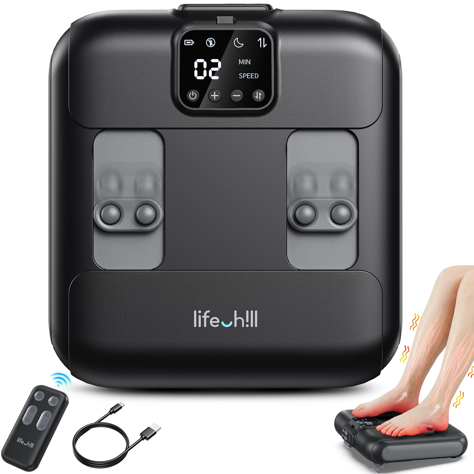Lifechill foot massager with remote control for easy, hands-free adjustments and settings.