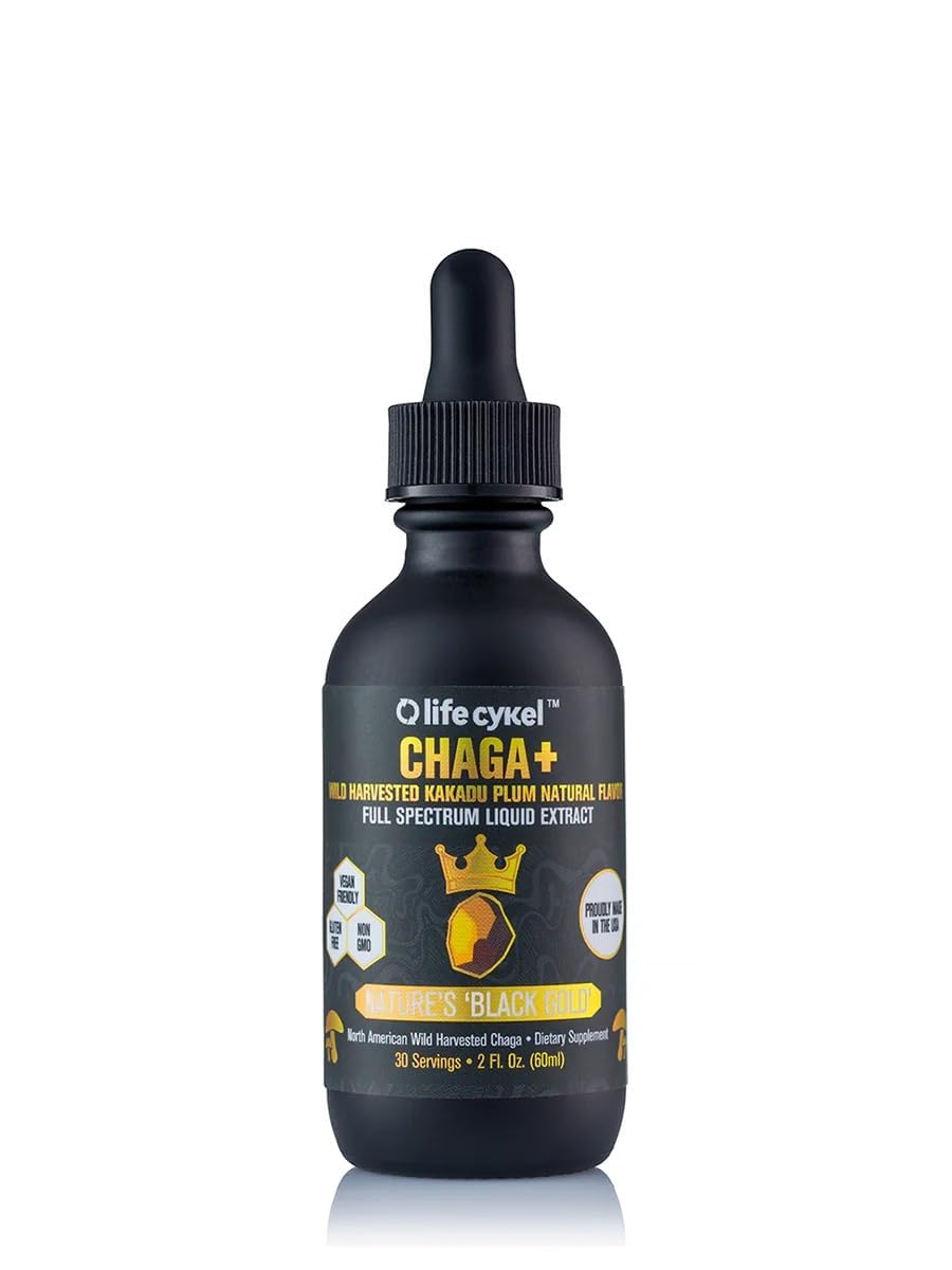 Life Cykel Chaga Kakadu Plum tincture bottle highlighting double extraction potency for daily vitality.