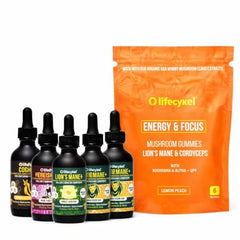 Life Cykel Lion's Mane tincture bottle pour for daily focus support.