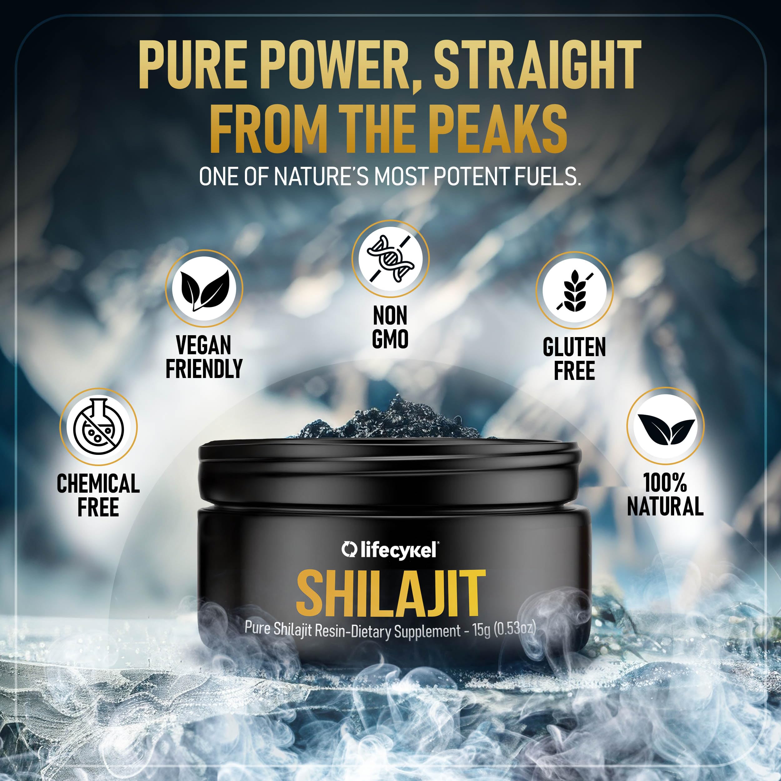 Life Cykel Pure Shilajit Resin bottle highlighting strength and endurance potential.
