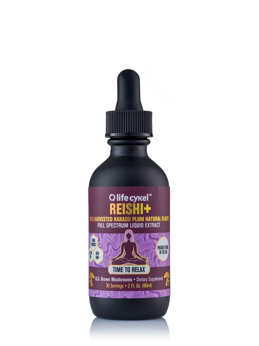 Life Cykel Reishi extract bottle showing organic potency for calm evenings