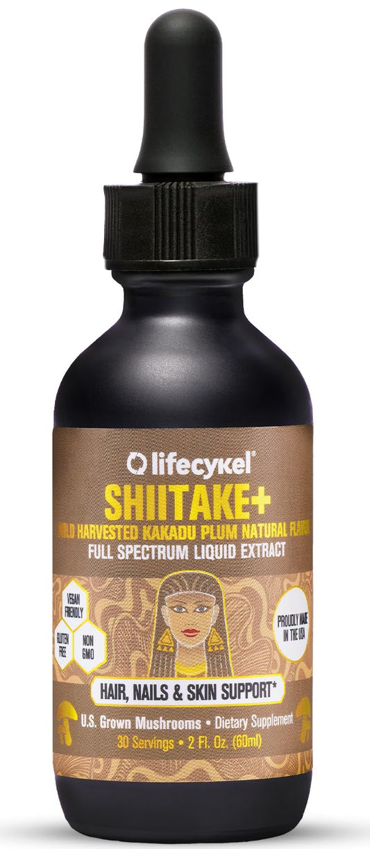Life Cykel shiitake extract bottle closeup highlighting skin and nails support.
