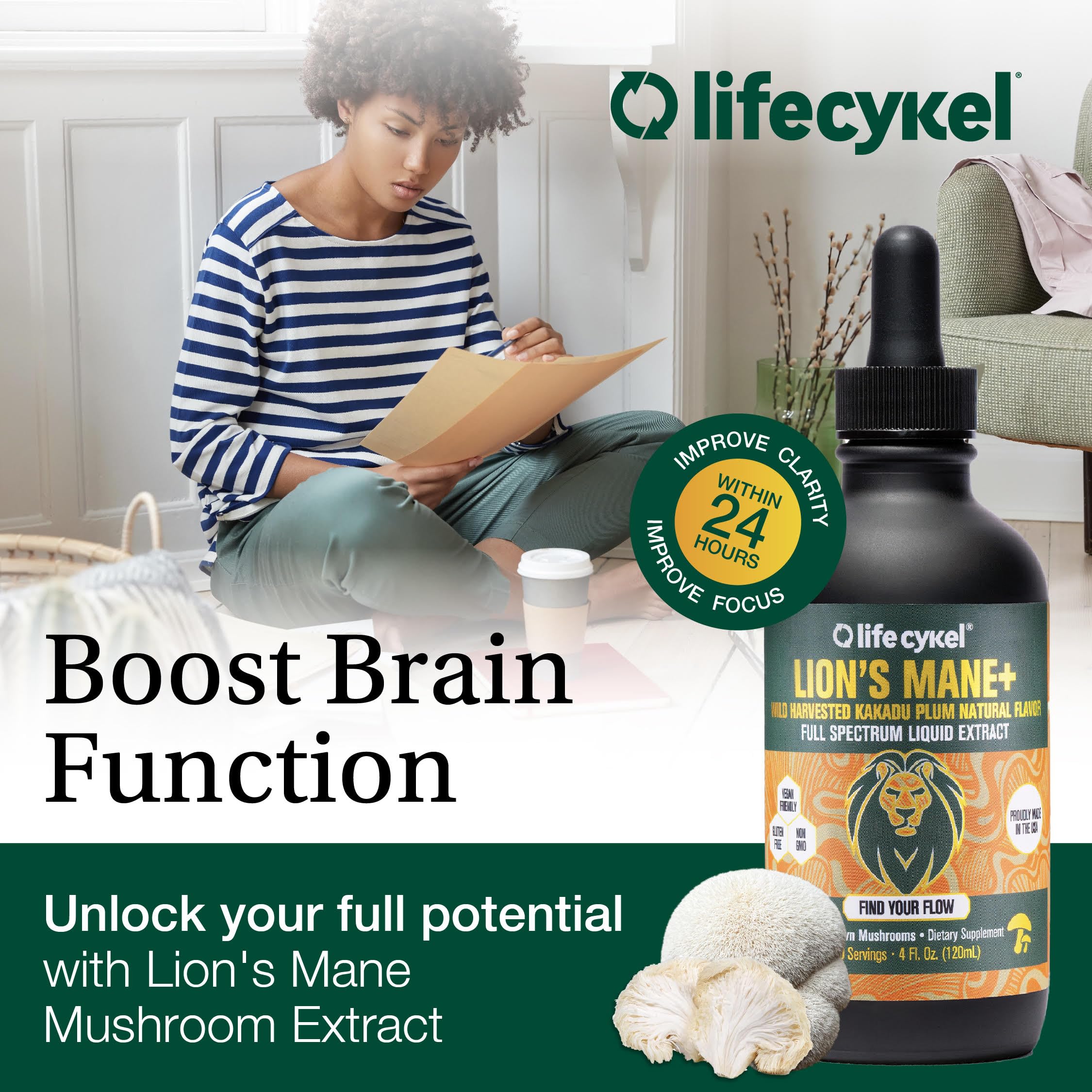 Life Cykel US-grown Lion's Mane bottle for consistent quality