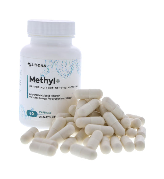 LIFEDNA Methyl + Methylfolate capsules close-up, highlighting active folate for daily energy