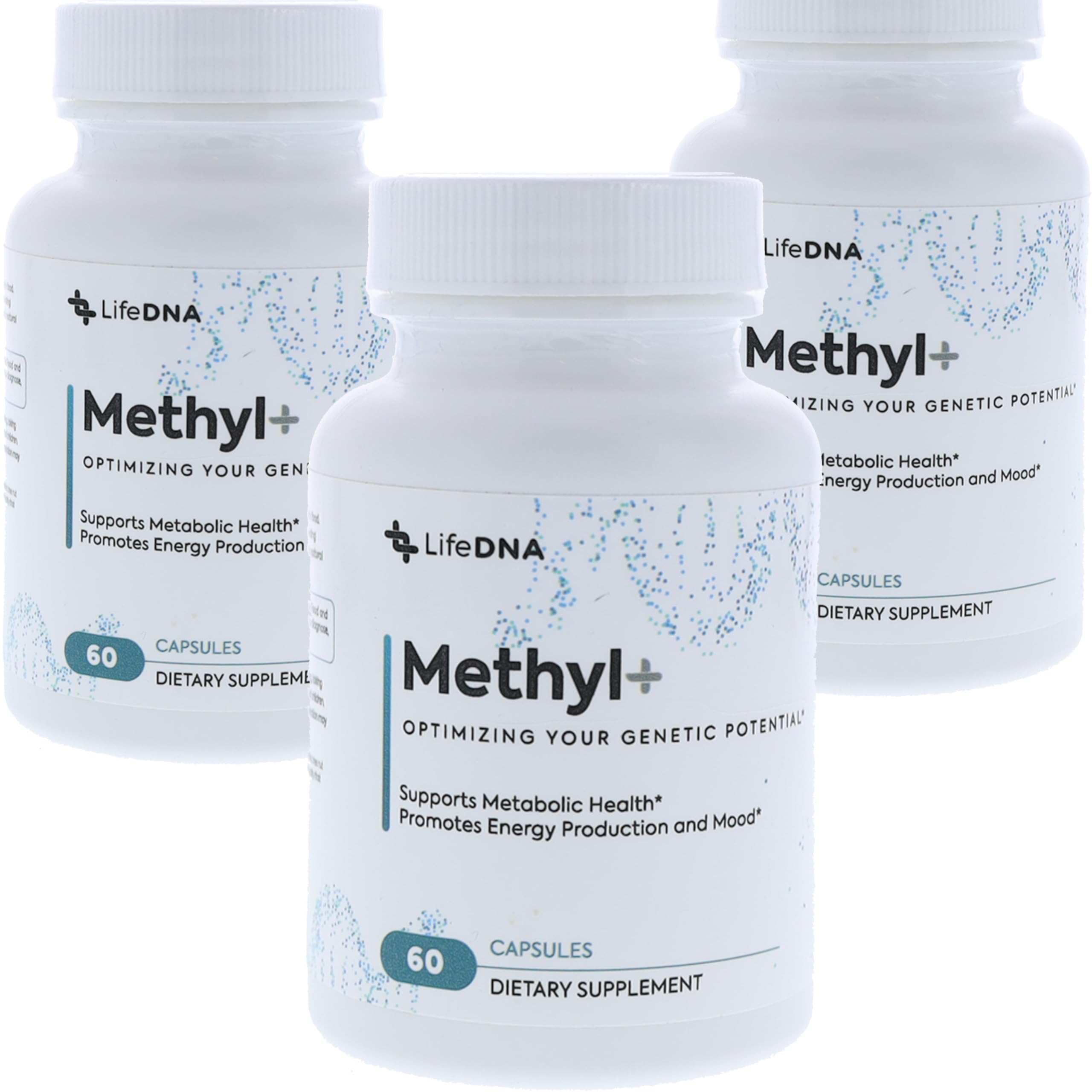 LIFEDNA Methyl+ bottle front view highlighting active folate for methylation support.