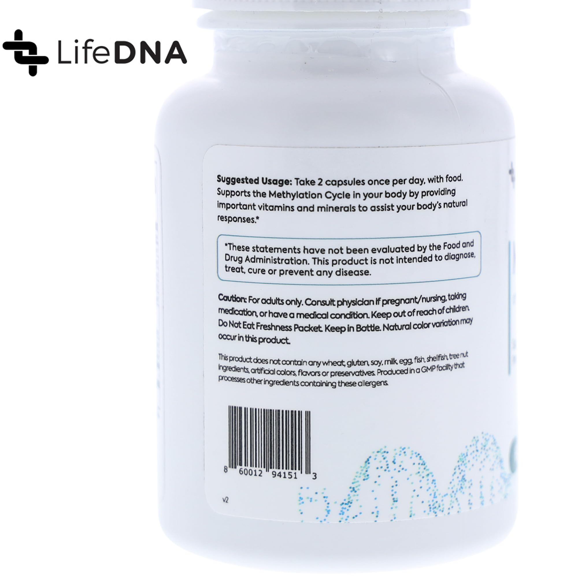 Close-up of LIFEDNA Methyl+ capsules, showcasing a 60-count bottle for daily methylation support.