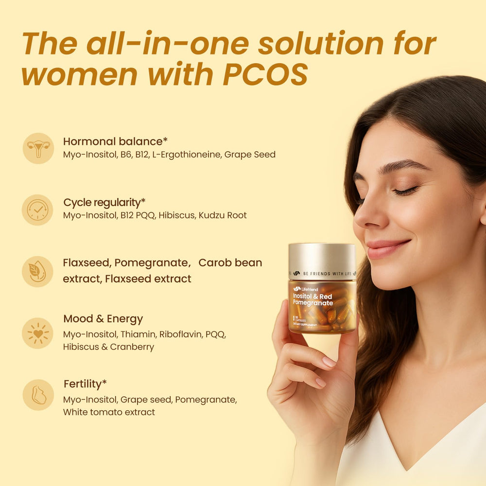 Close-up of LIFEFRIEND capsules highlights vegan, clean ingredients for daily ovarian support.