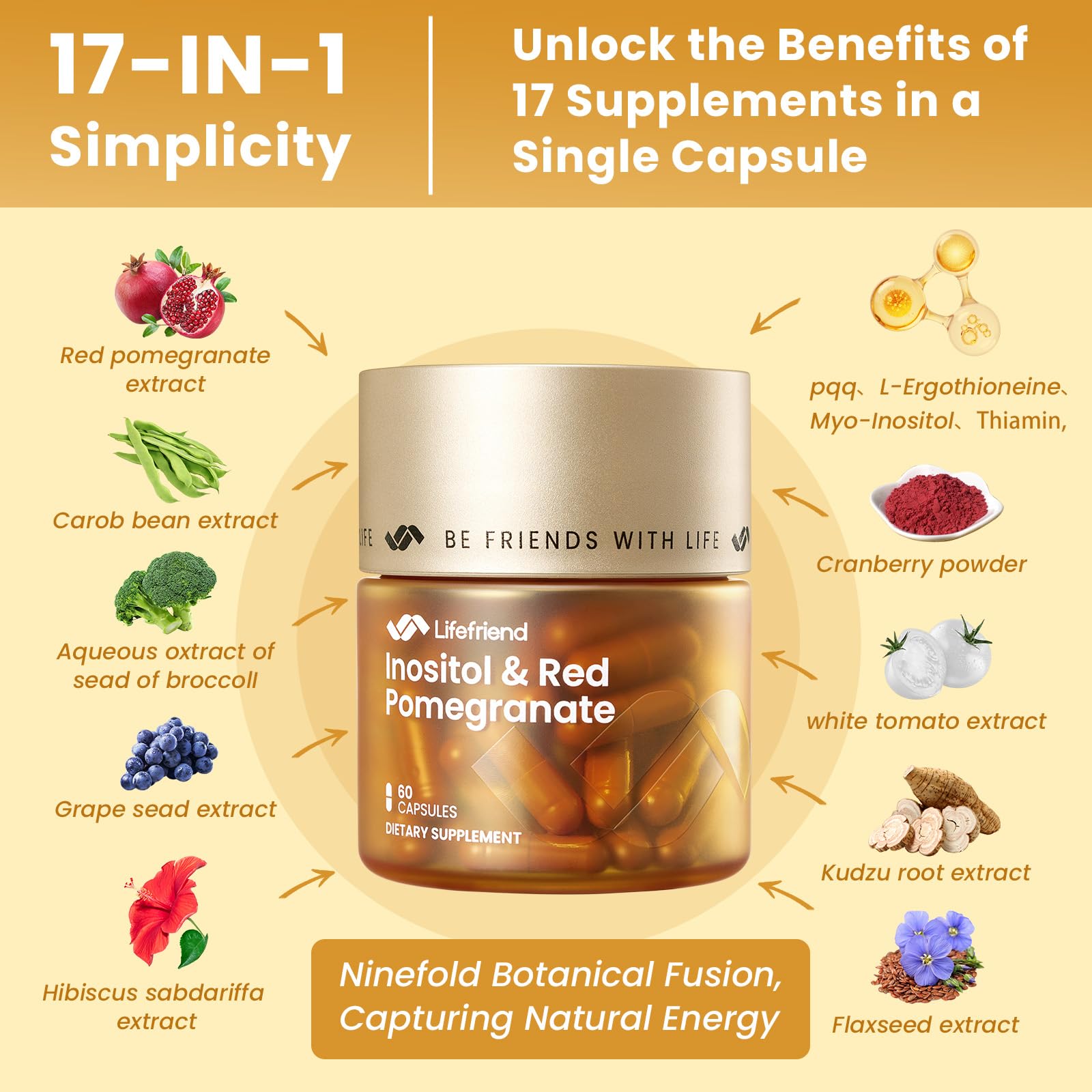 LIFEFRIEND 17-in-1 complex graphic demonstrates pomegranate and PQQ for vitality.