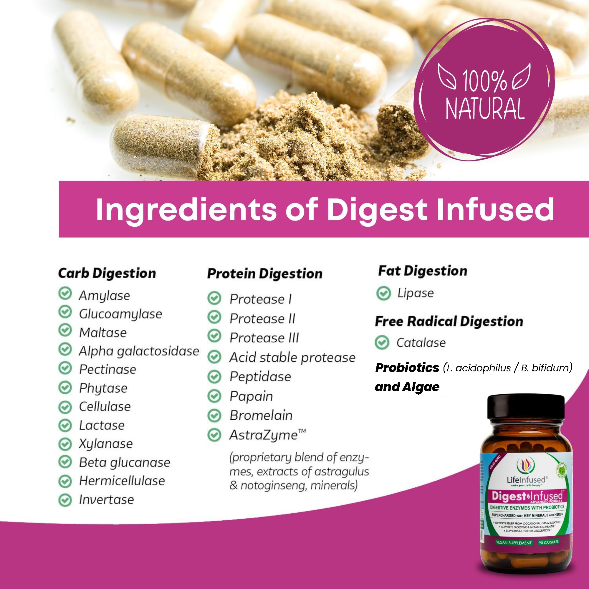 Life Infused Digestive Enzymes bottle pour showing easy-to-take capsules.