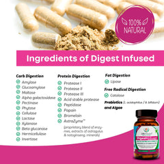 Life Infused Digestive Enzymes bottle pour showing easy-to-take capsules.