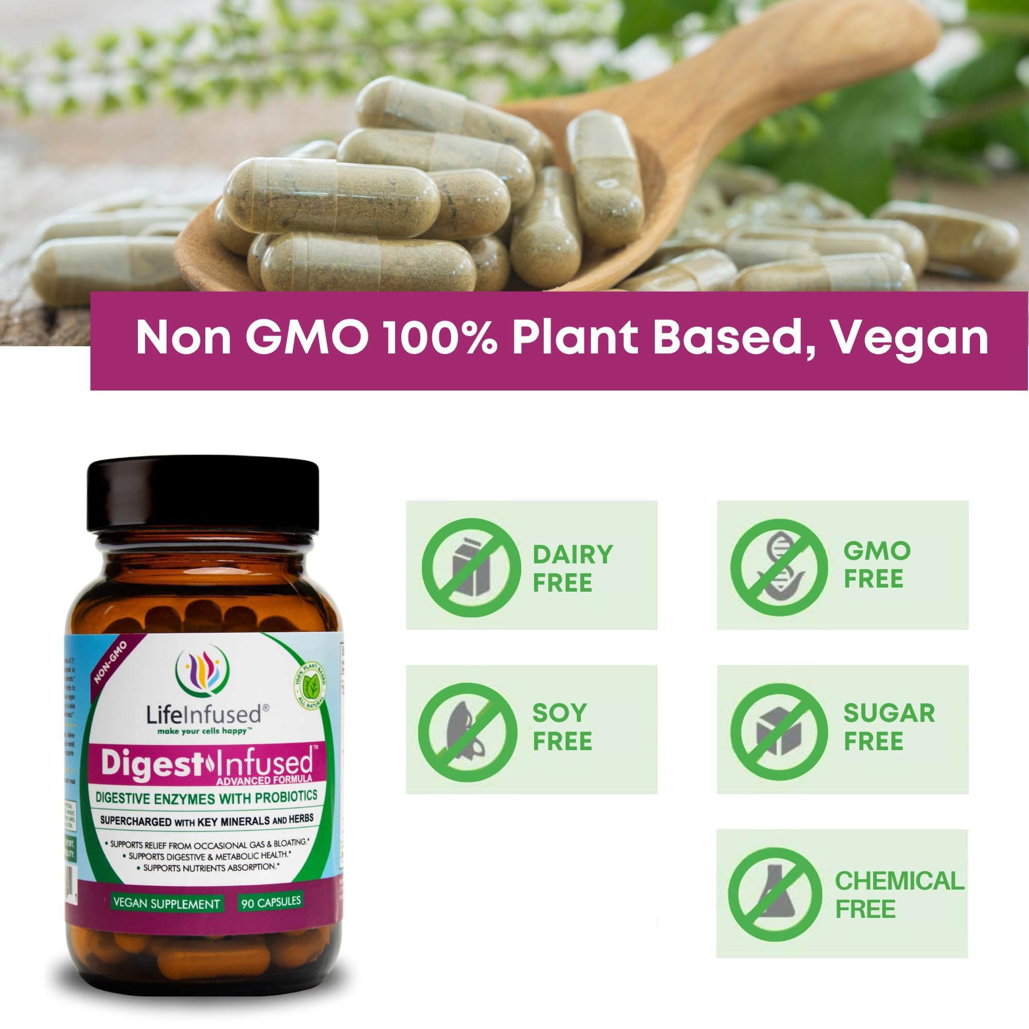 Life Infused ingredients chart displaying plant-based enzymes and minerals.