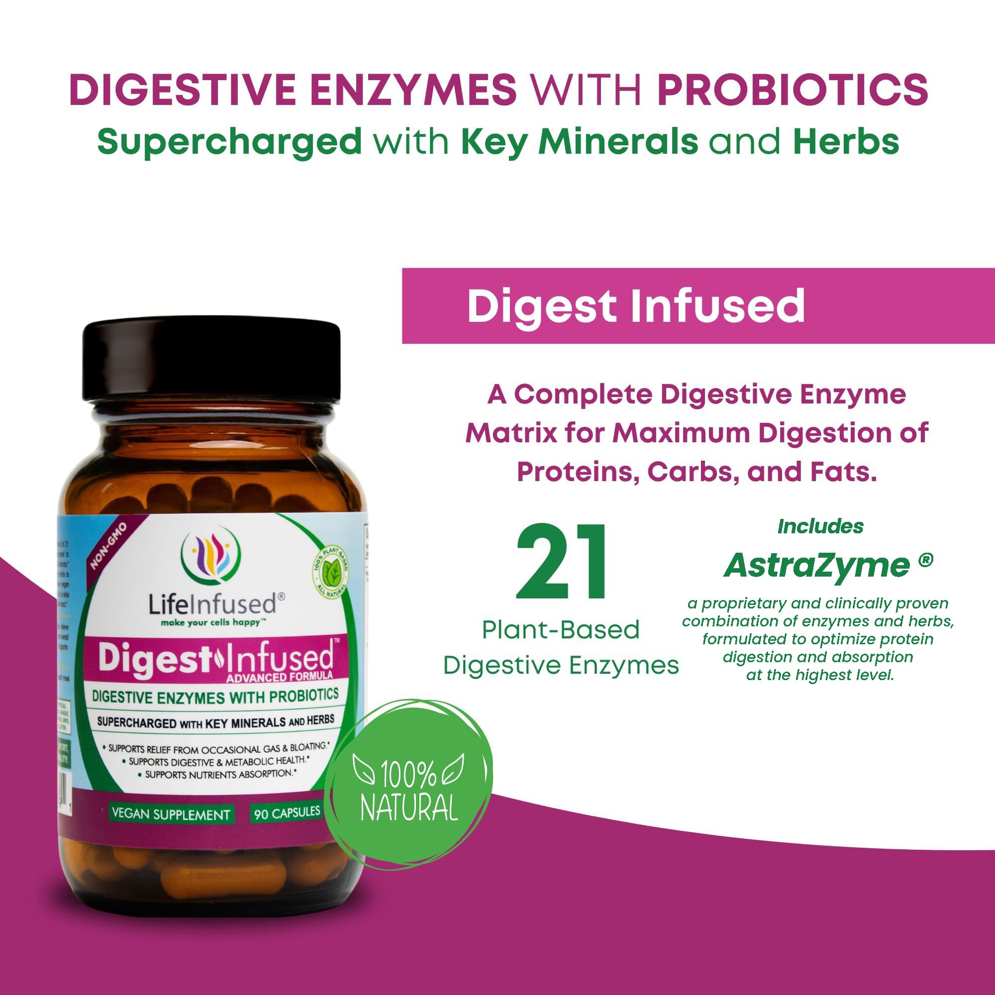 Life Infused Digestive Enzymes with probiotics visual emphasizing gut flora support.