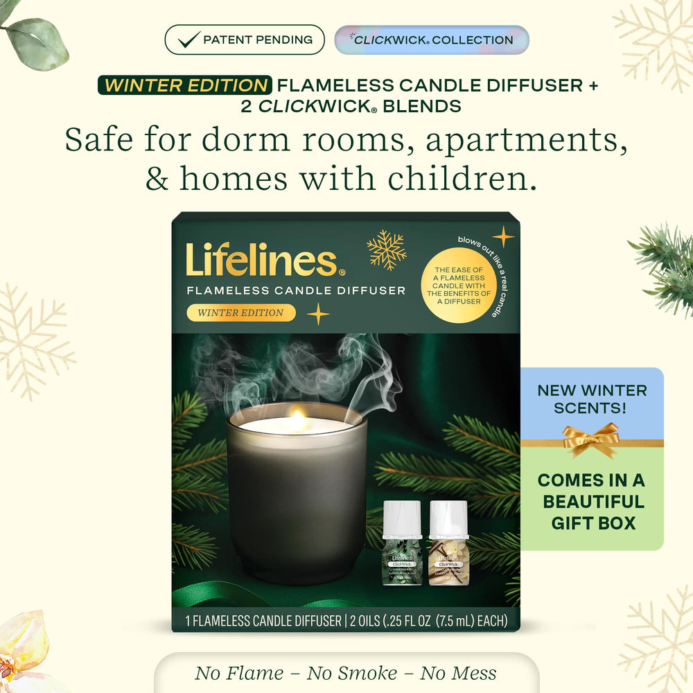 Lifelines ClickWick Frosted Fir blend bottle diffuses evergreen fragrance for a seasonal atmosphere.