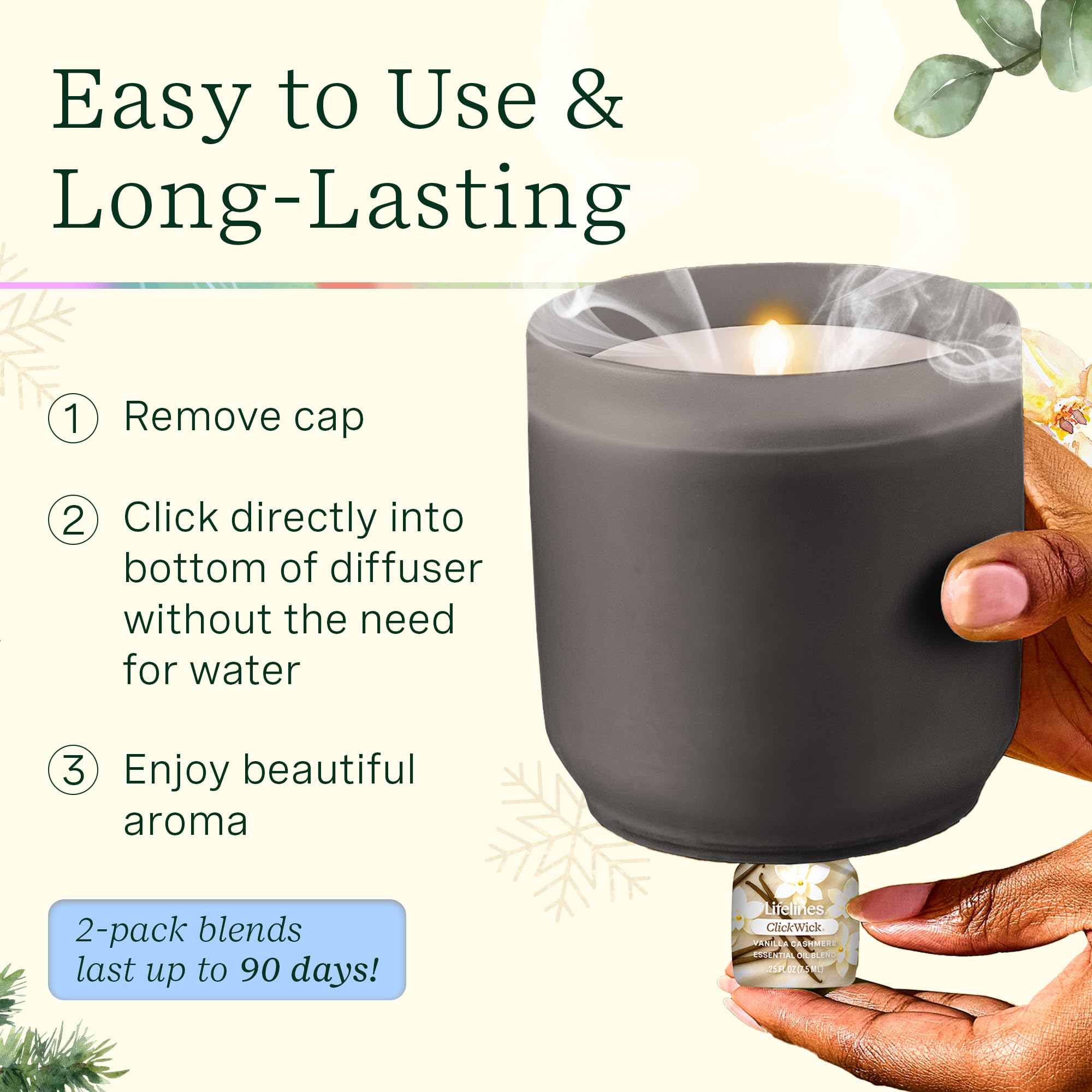 Lifelines swappable ClickWick bottle supports changing scents for varied moods.