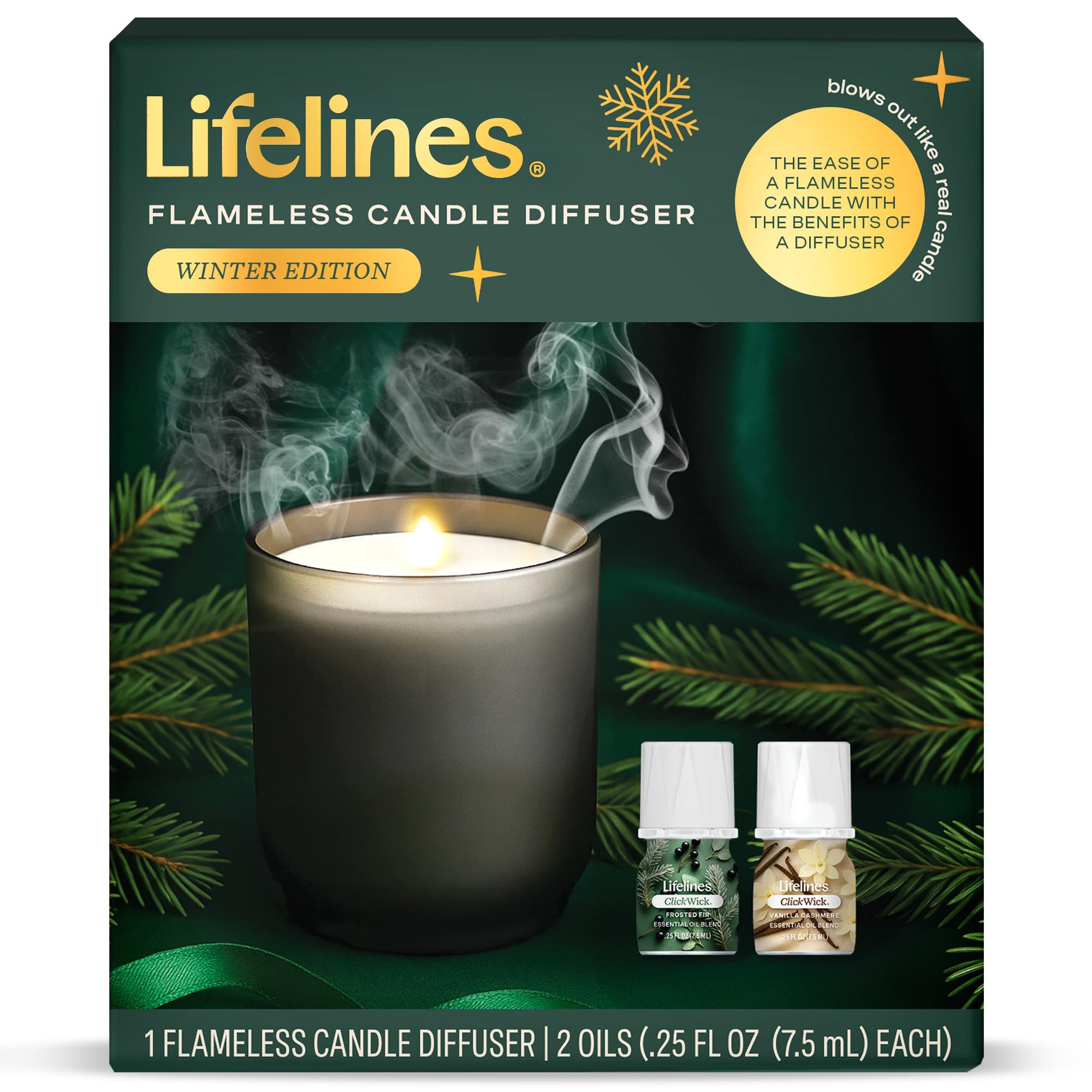Lifelines Winter Edition candle diffuser glows softly for cozy ambience without an open flame.