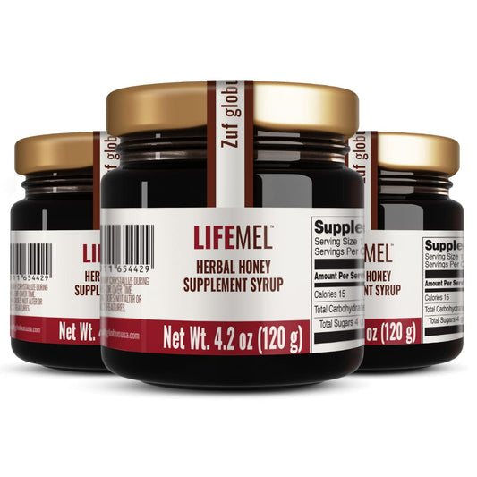 LIFEMEL natural immune honey bottle with herbal blend for daily wellness.