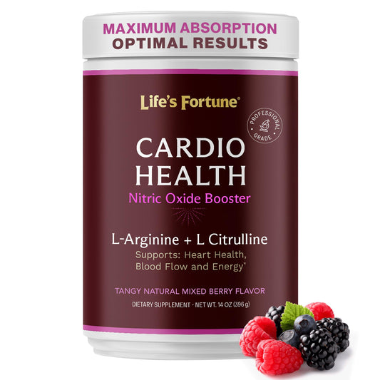 Life's Fortune L-Arginine L-Citrulline powder bottle highlighting high potency for daily workouts