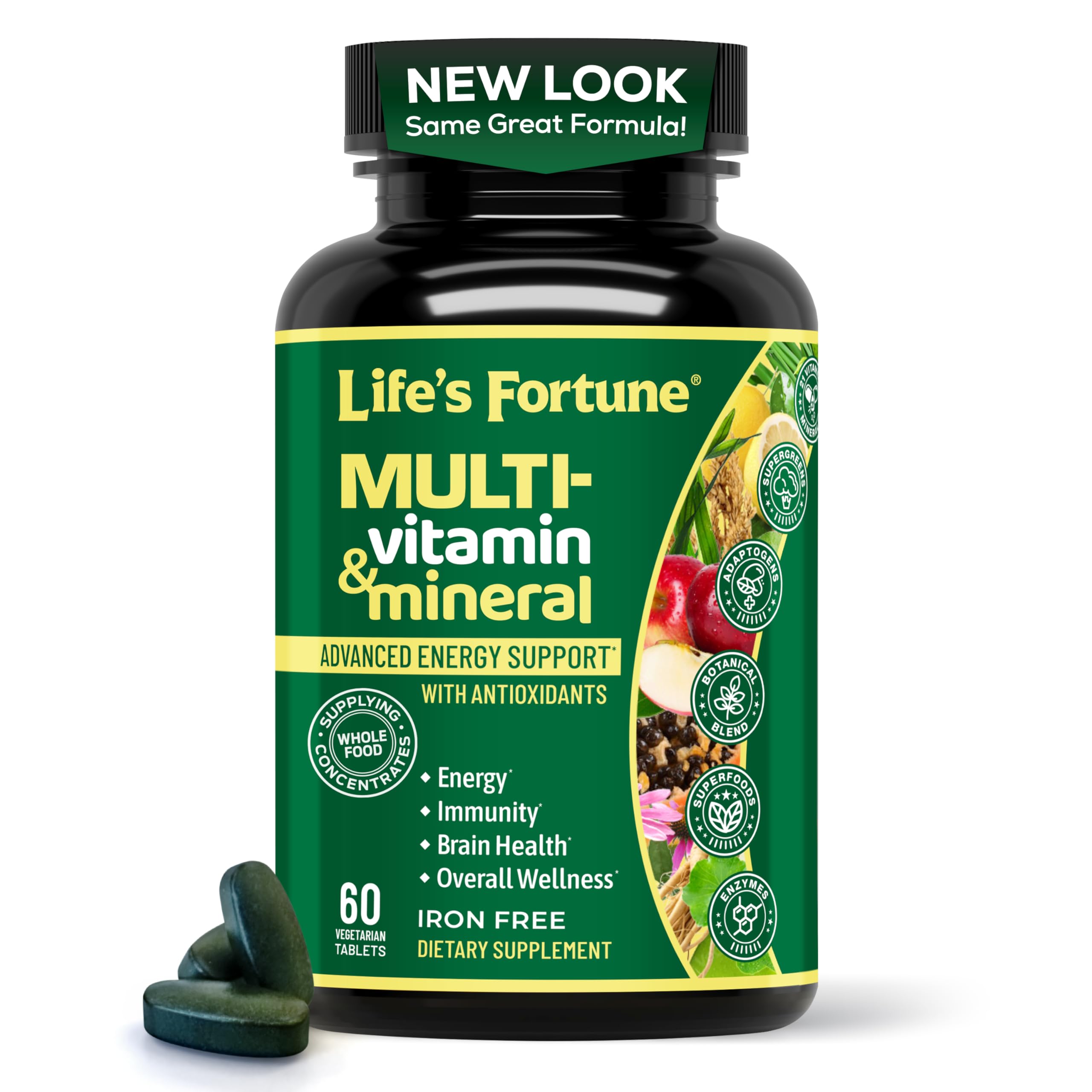Life's Fortune bottle front view highlighting daily energy support and convenient 60 tablets