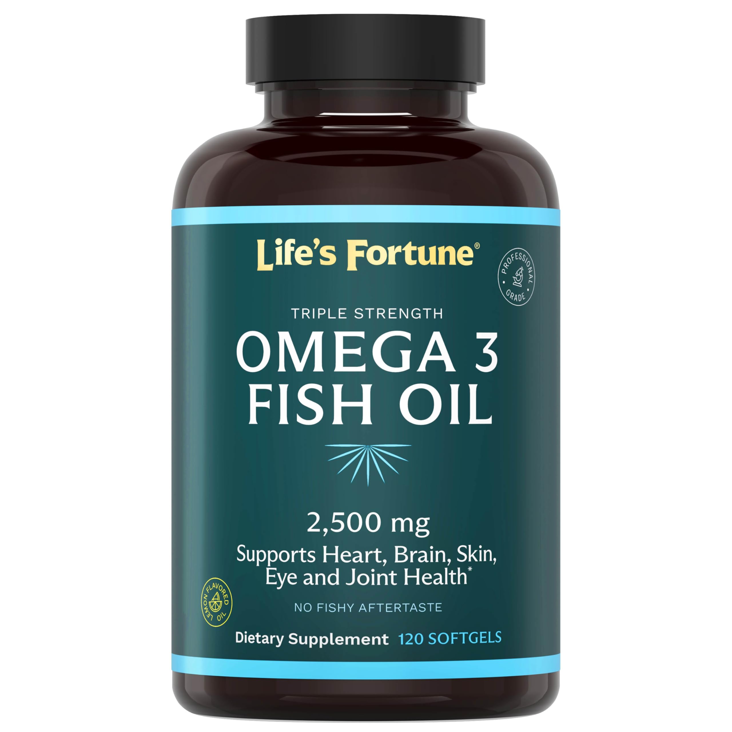Life's Fortune fish oil bottle showing 2500 mg omega-3 per serving for daily wellness