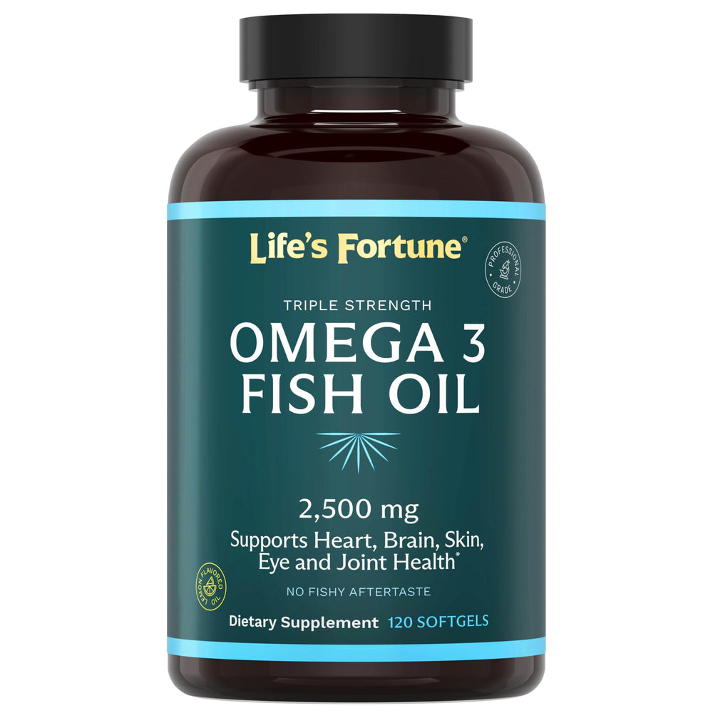 Life's Fortune fish oil bottle showing 2500 mg omega-3 per serving for daily wellness