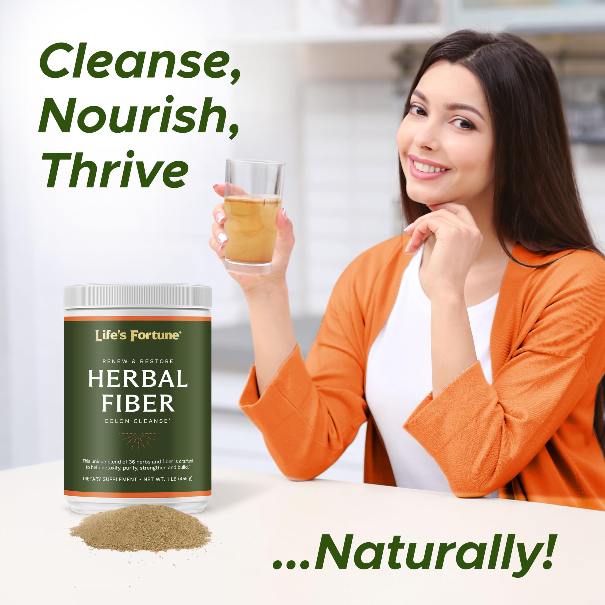 Life's Fortune Herbal Fiber Powder in glass highlights soluble and insoluble fiber benefits for digestion.