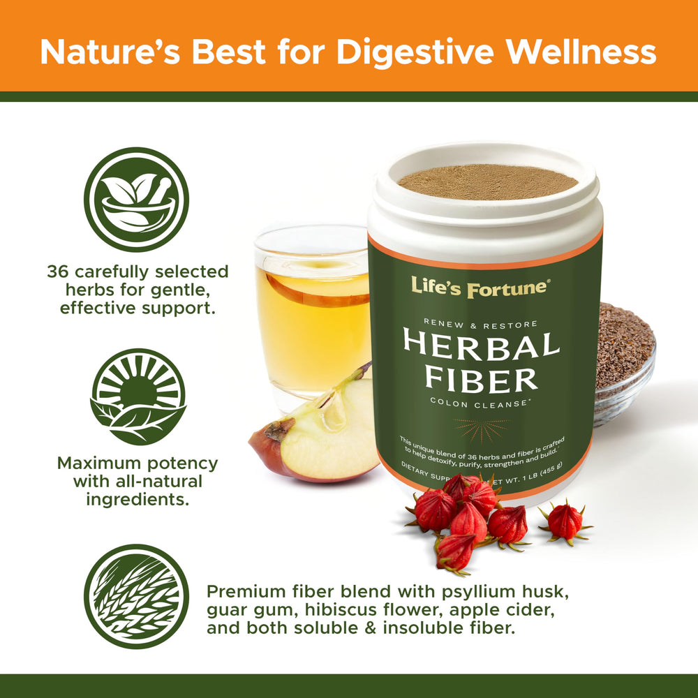 Life's Fortune Herbal Fiber Powder on kitchen counter showcases convenient, unflavored fiber for everyday use.