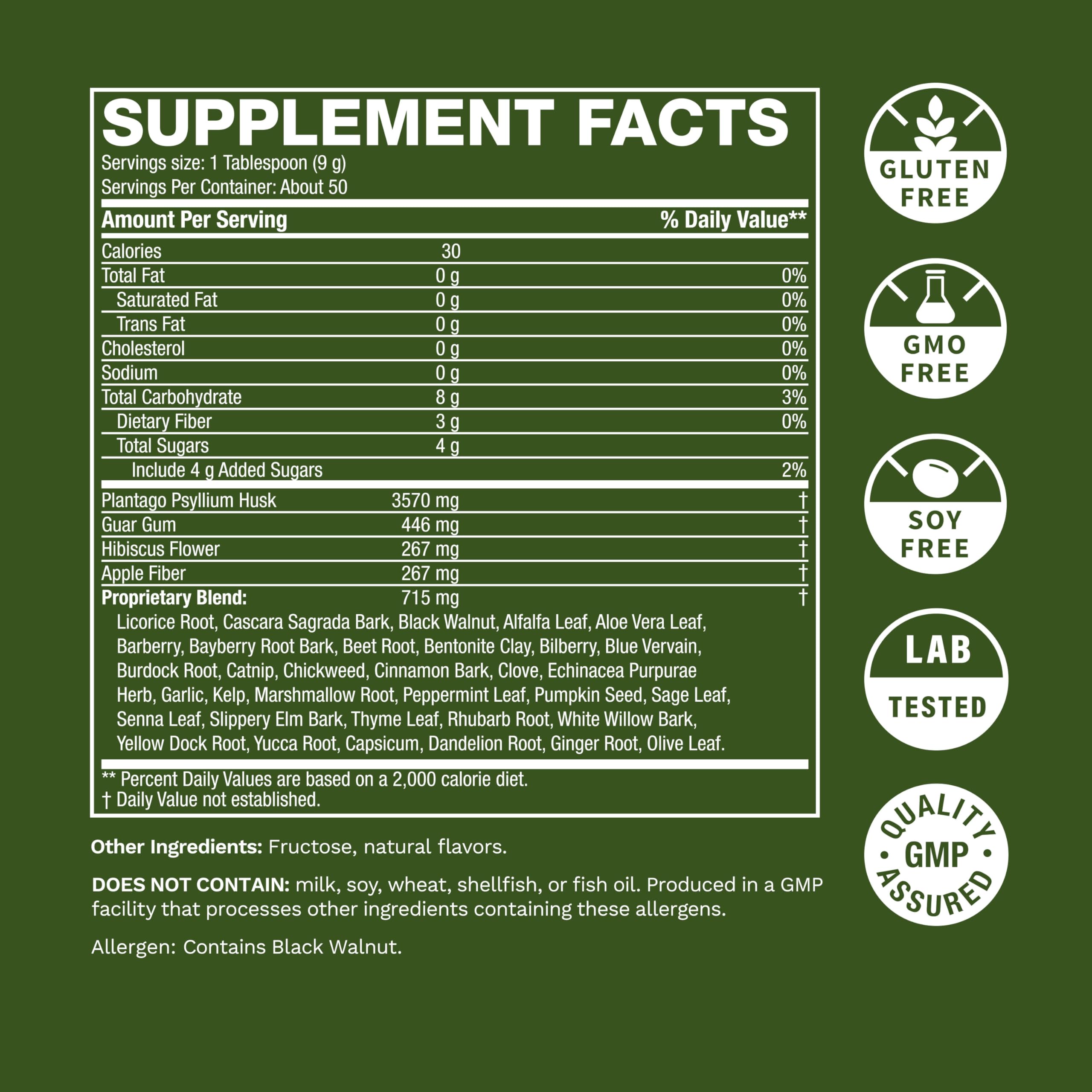 Life's Fortune Herbal Fiber Powder label close-up emphasizes 36-herb blend and clean ingredients.