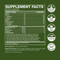 Life's Fortune Herbal Fiber Powder label close-up emphasizes 36-herb blend and clean ingredients.