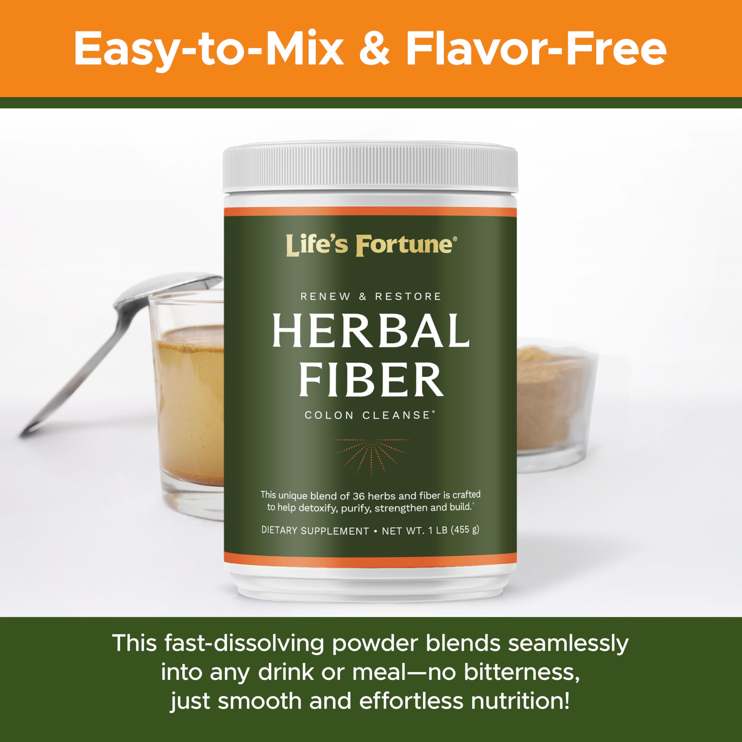 Life's Fortune Herbal Fiber Powder being poured into a glass supports easy daily fiber intake.