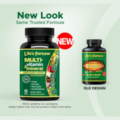 Life's Fortune label close-up showing iron-free, gluten-free, and vegetarian formula