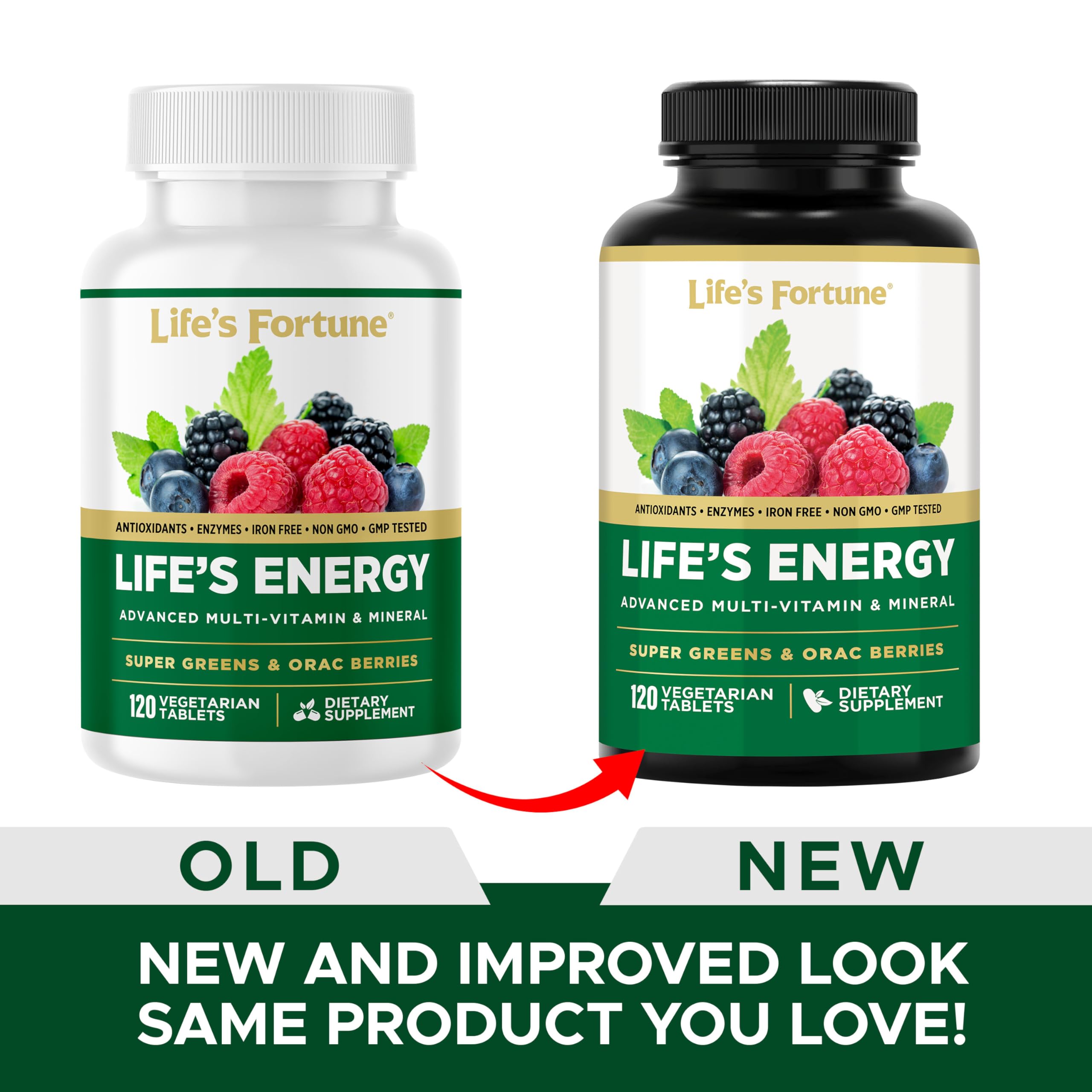 Life's Energy vegan, iron-free formula is highlighted in the packaging image.