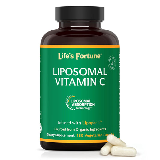 Life's Fortune liposomal vitamin C 2100 mg bottle front view, easy-to-swallow capsules