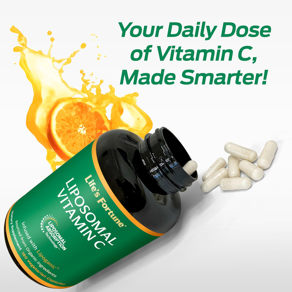 Bottle on wood table ready for daily routine with Life's Fortune vitamin C