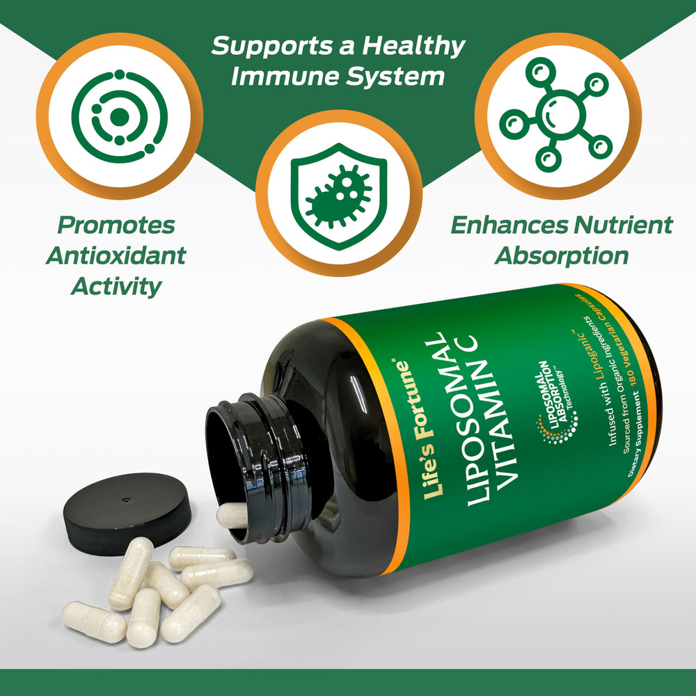 Label highlights dairy-free and gluten-free notes for Life's Fortune liposomal vitamin C