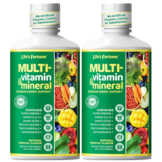 Life's Fortune liquid multivitamin bottle front with tropical flavor for daily energy support