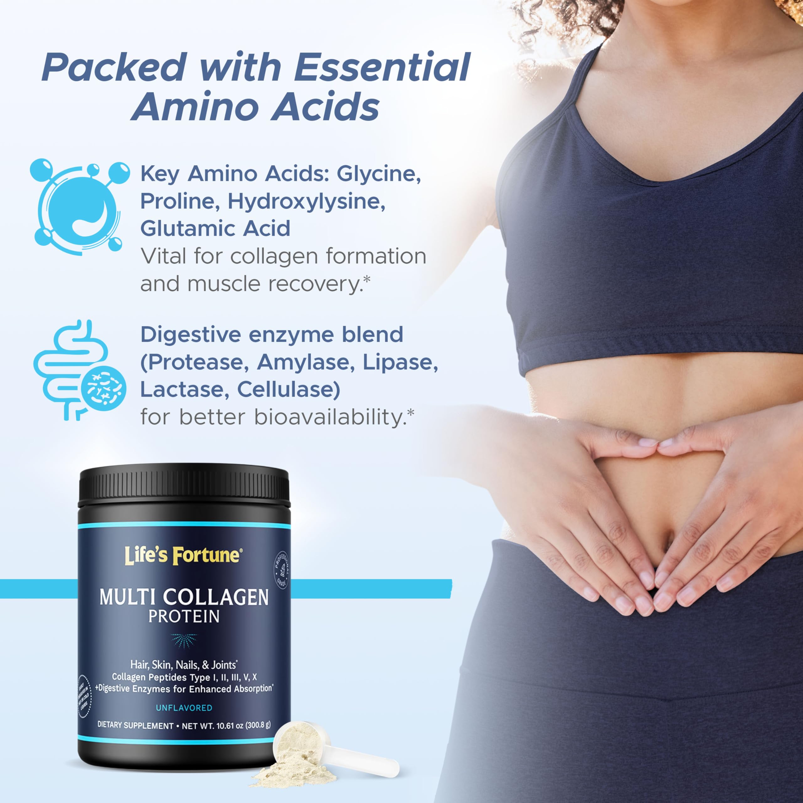 Life's Fortune multi-collagen powder ingredients highlight premium sources and purity.