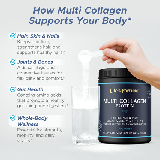Life's Fortune multi-collagen powder scoop – convenient daily collagen intake.