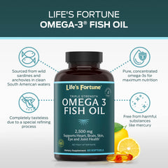 Life's Fortune Omega-3 concentrate label highlights 2500 mg per serving for heart and brain.