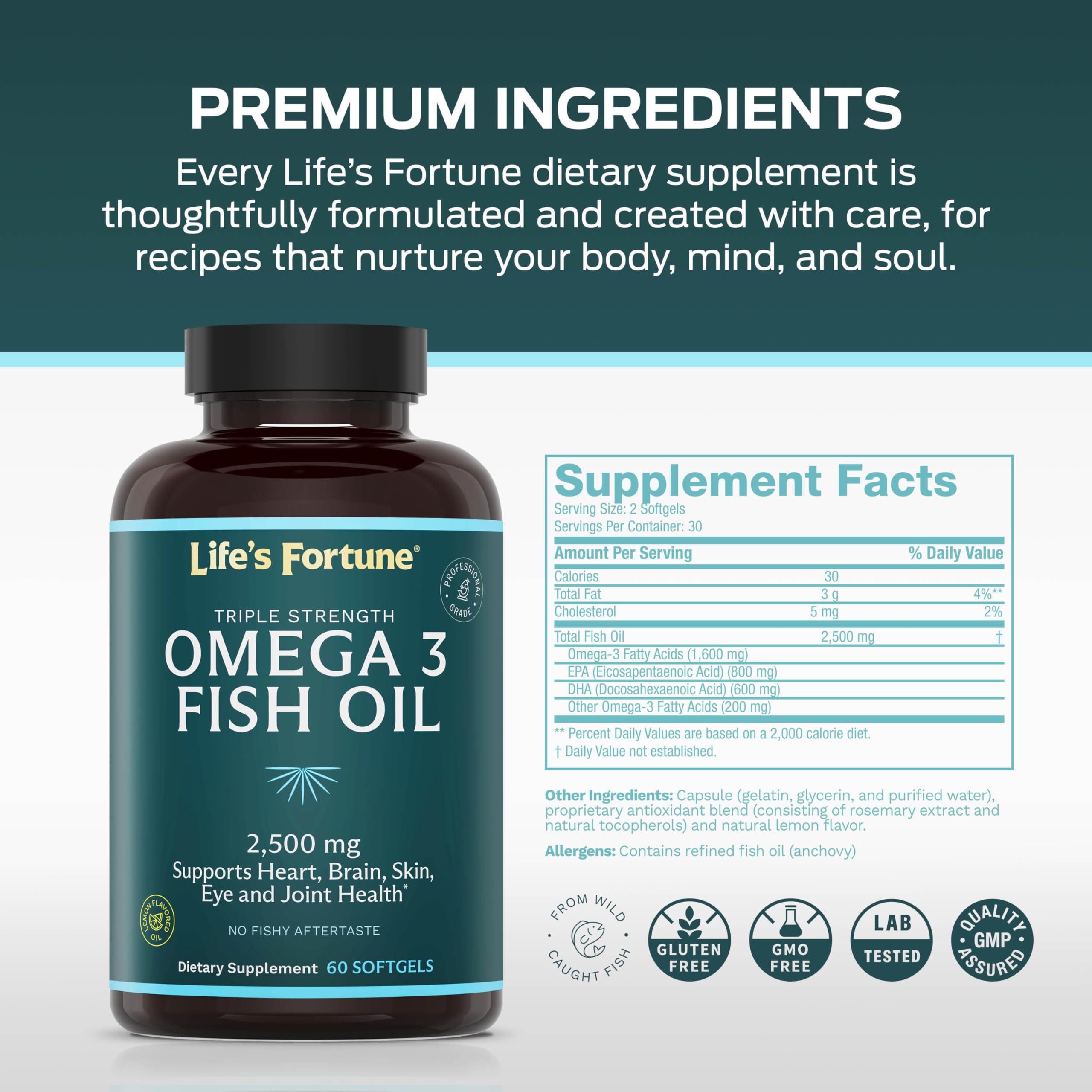 Life's Fortune softgel capsules close-up for easier swallowing and reduced aftertaste.