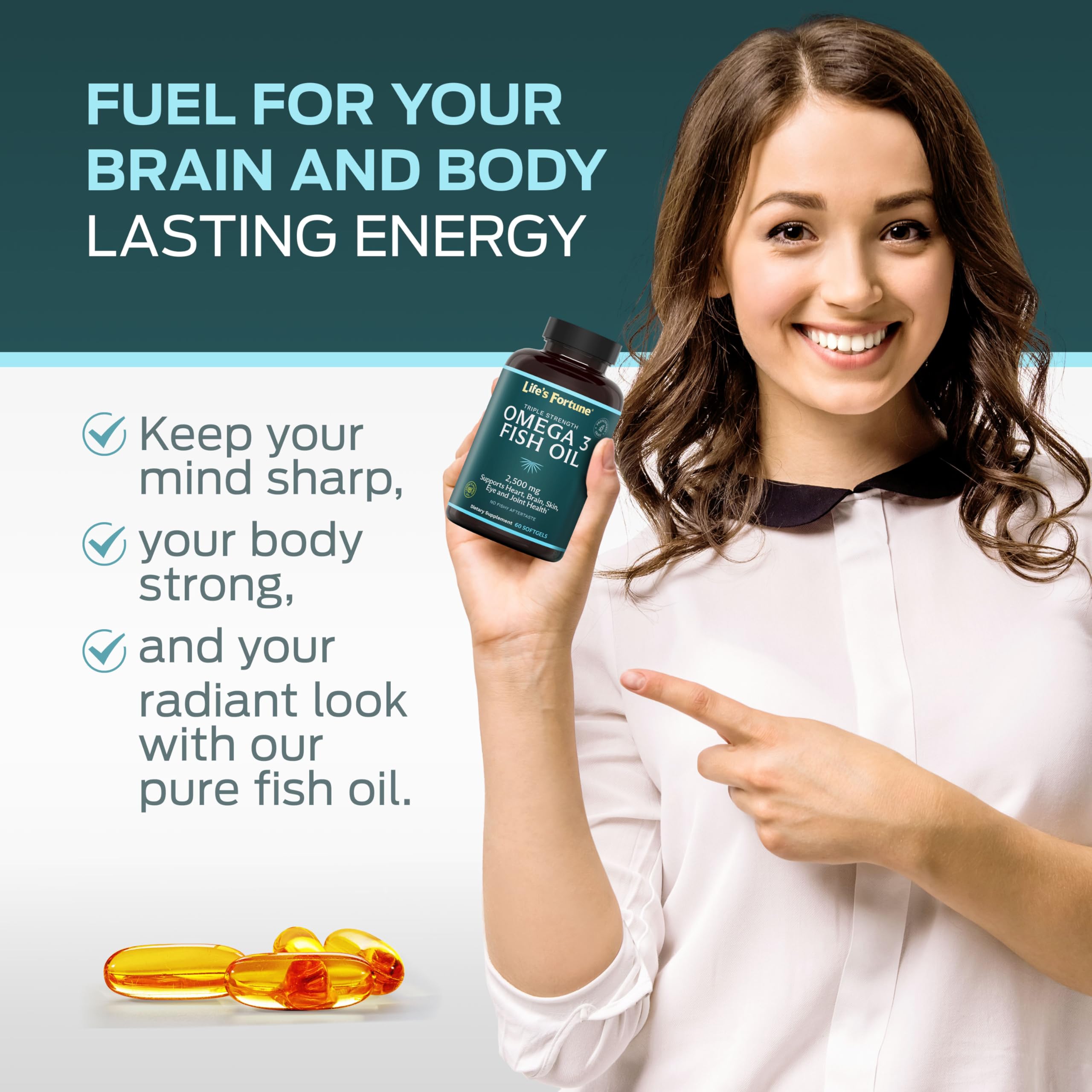 Life's Fortune softgel with smooth coating aiding faster absorption and gentle digestion.
