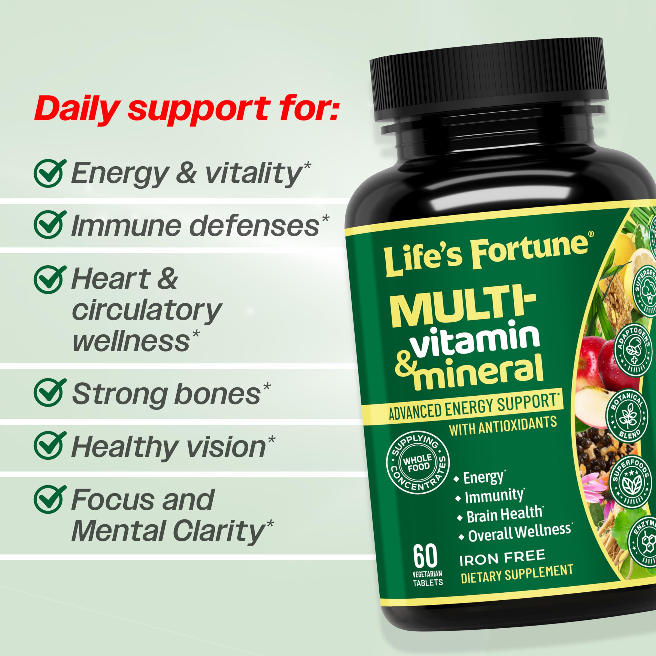 Life's Fortune tablets inside bottle illustrating vegetarian multivitamin for everyday wellness