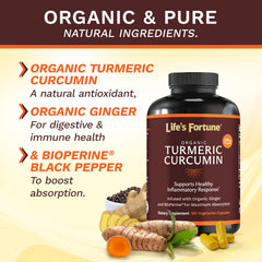 Life's Fortune turmeric curcumin label detail showing vegan, non-GMO formula.