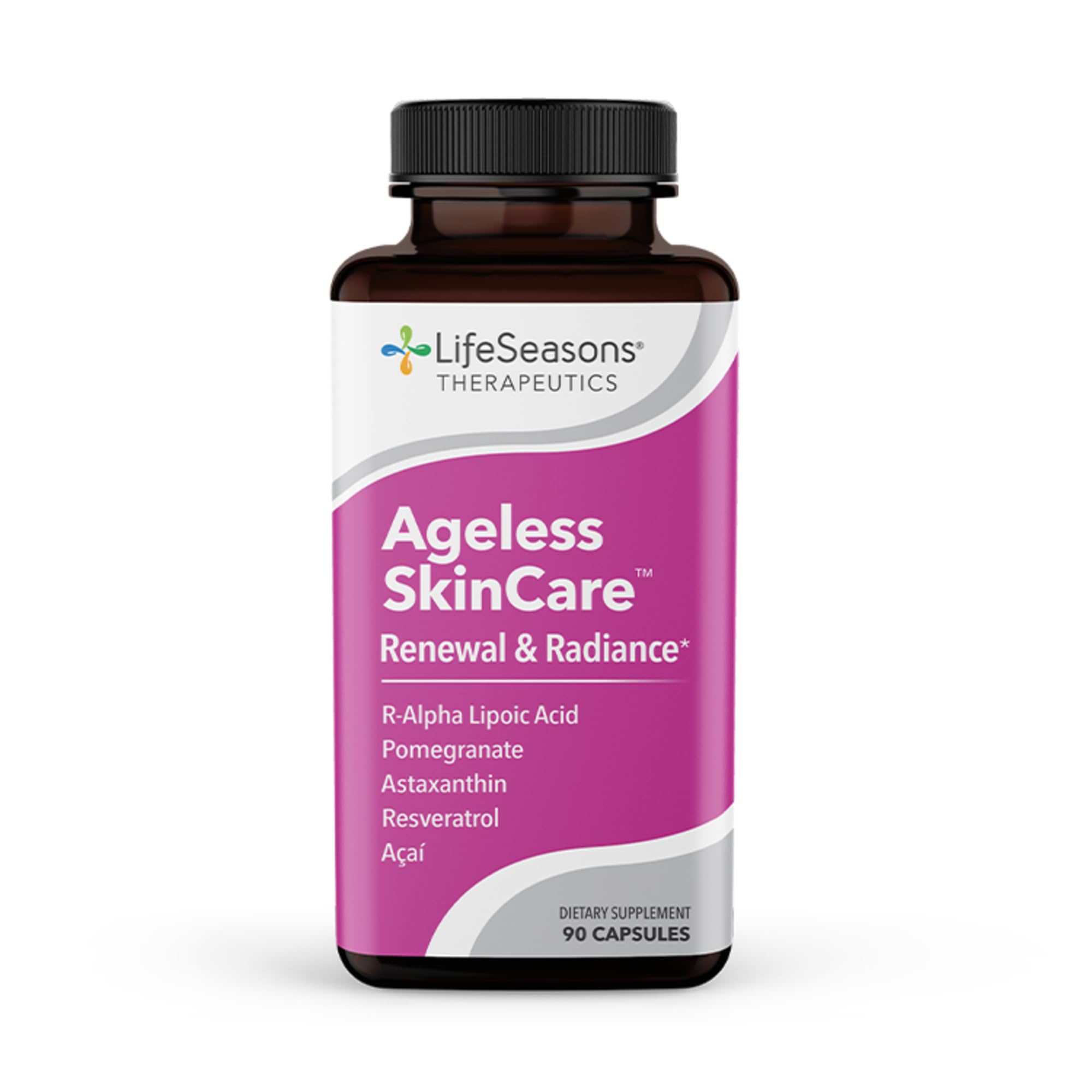 LifeSeasons Ageless Skincare bottle front promotes radiant skin through antioxidant-rich formulation.