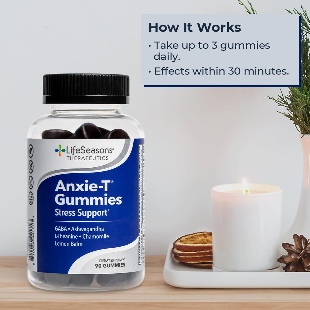 Closeup of LifeSeasons Anxie-T gummies texture, a soft chew for daily stress relief.