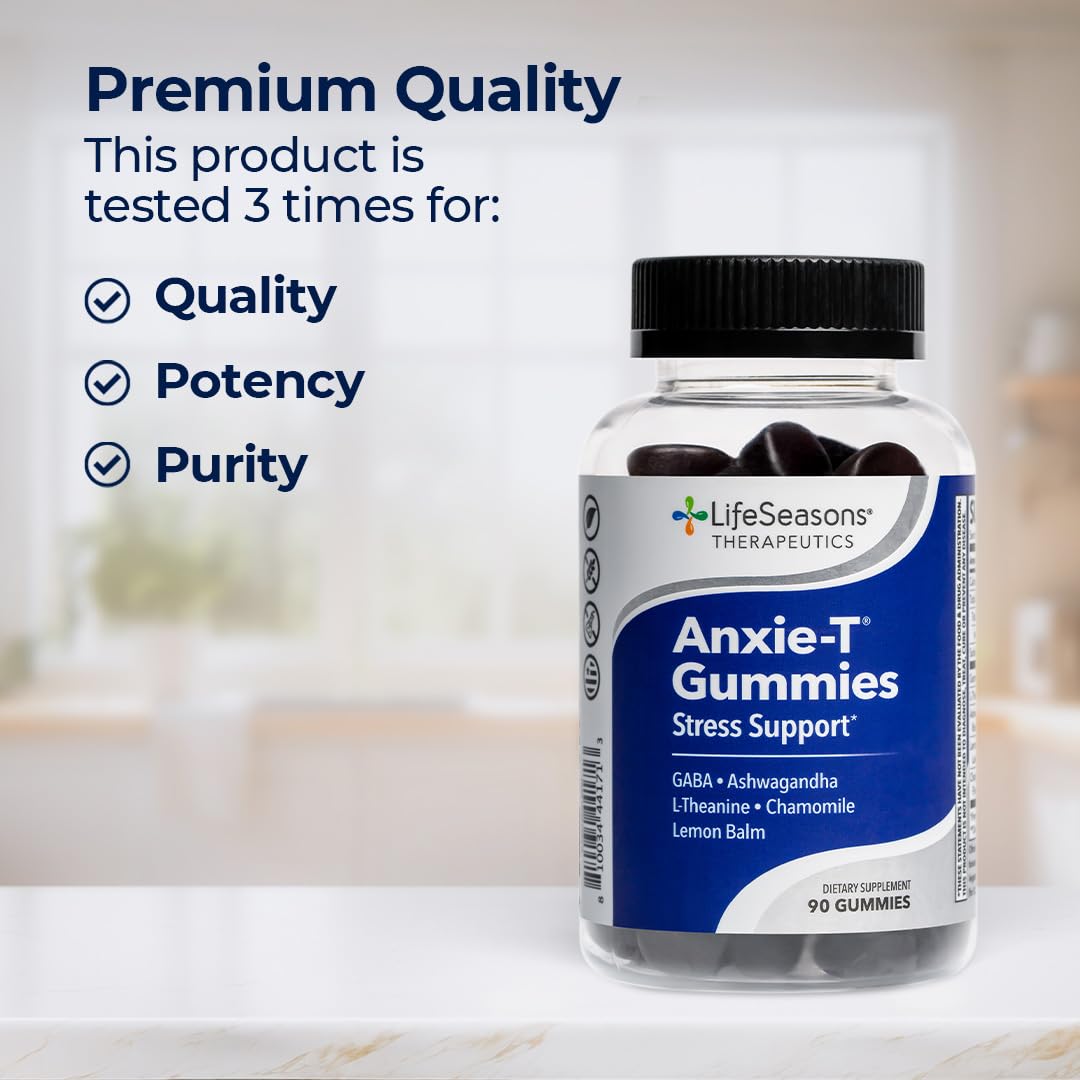LifeSeasons Anxie-T ingredients panel shows GABA, Theobromine, and more for calm focus.