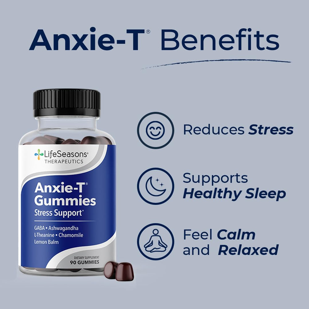 LifeSeasons Anxie-T label closeup with Ashwagandha and L-Theanine for stress support.