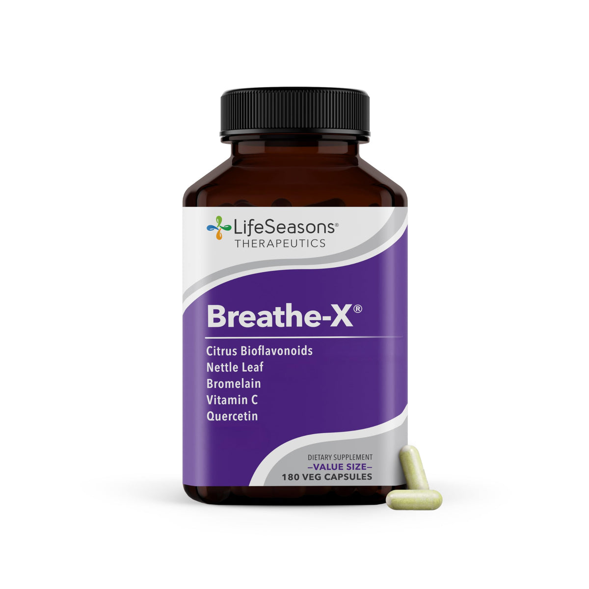 LifeSeasons Breathe-X bottle for allergy and sinus relief, non-drowsy daytime support.
